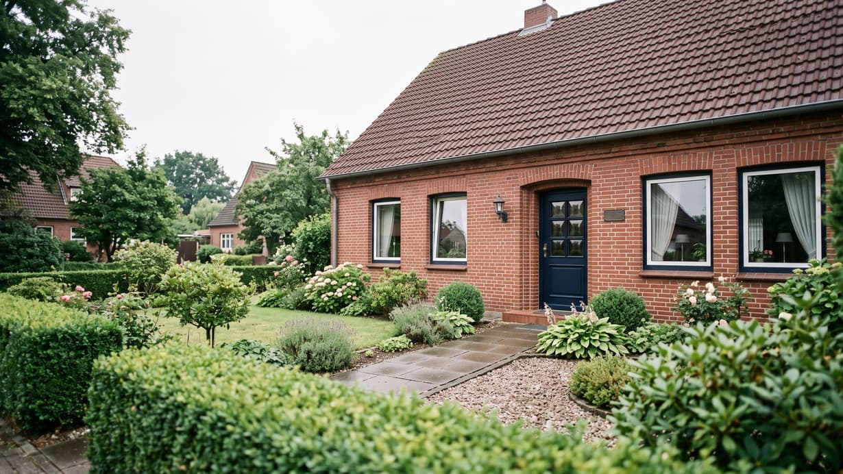 Rotes Klinker-Einfamilienhaus mit dunklem Ziegeldach und gepflegtem Vorgarten mit geschnittenen Hecken
